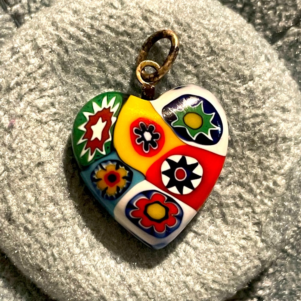 Vintage Italian Millefiori Murano Blown Glass Multicolored Heart Pendant